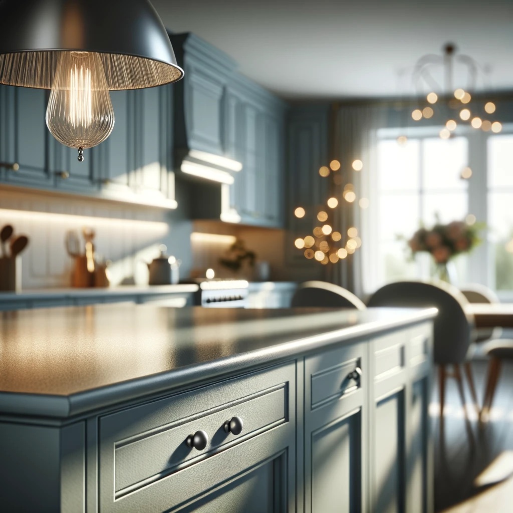 Close up image of kitchen counter with lights in the background