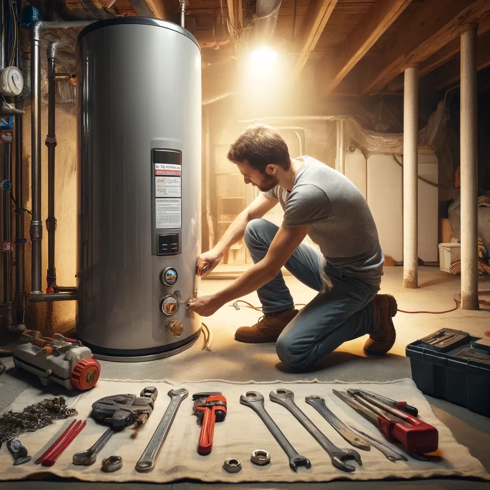 image of man installing a hot water tank in a basement